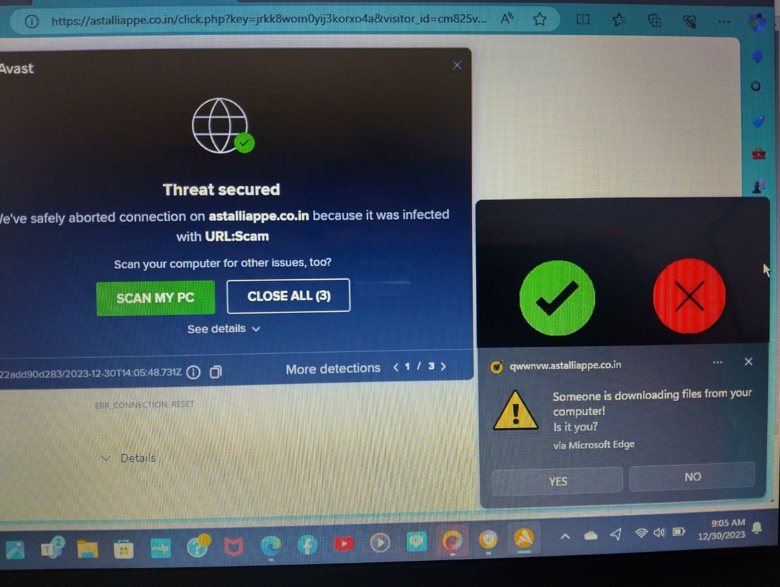 screen shot taken with mobile phone showing multiple fake and real anti virus popups.