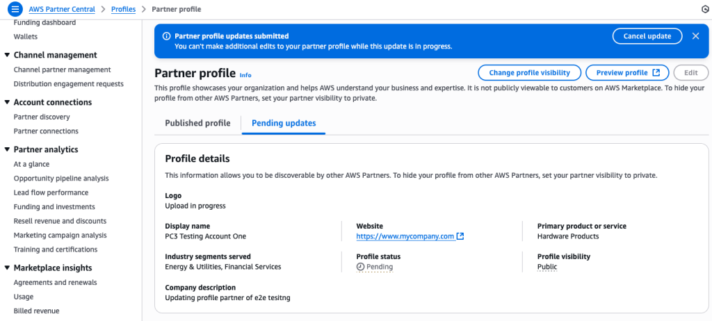 AWS Partner Central - Manage profile