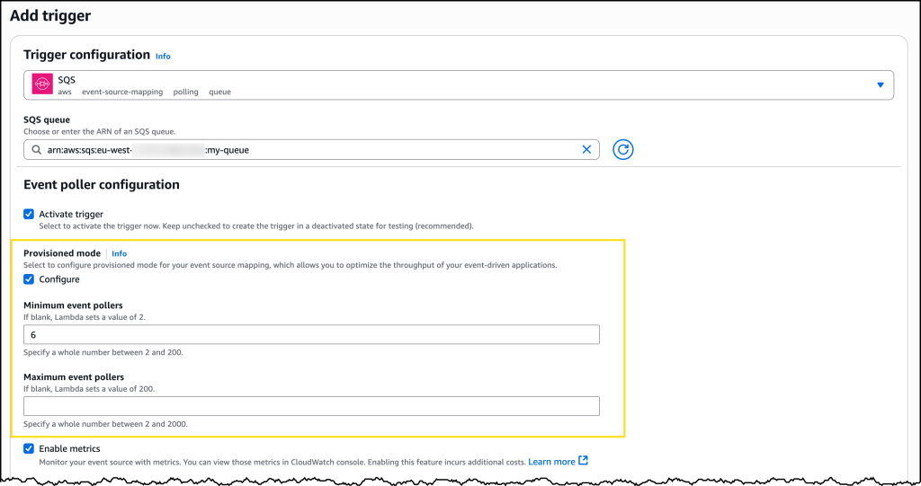 Configuration panel for SQS provisioned Mode