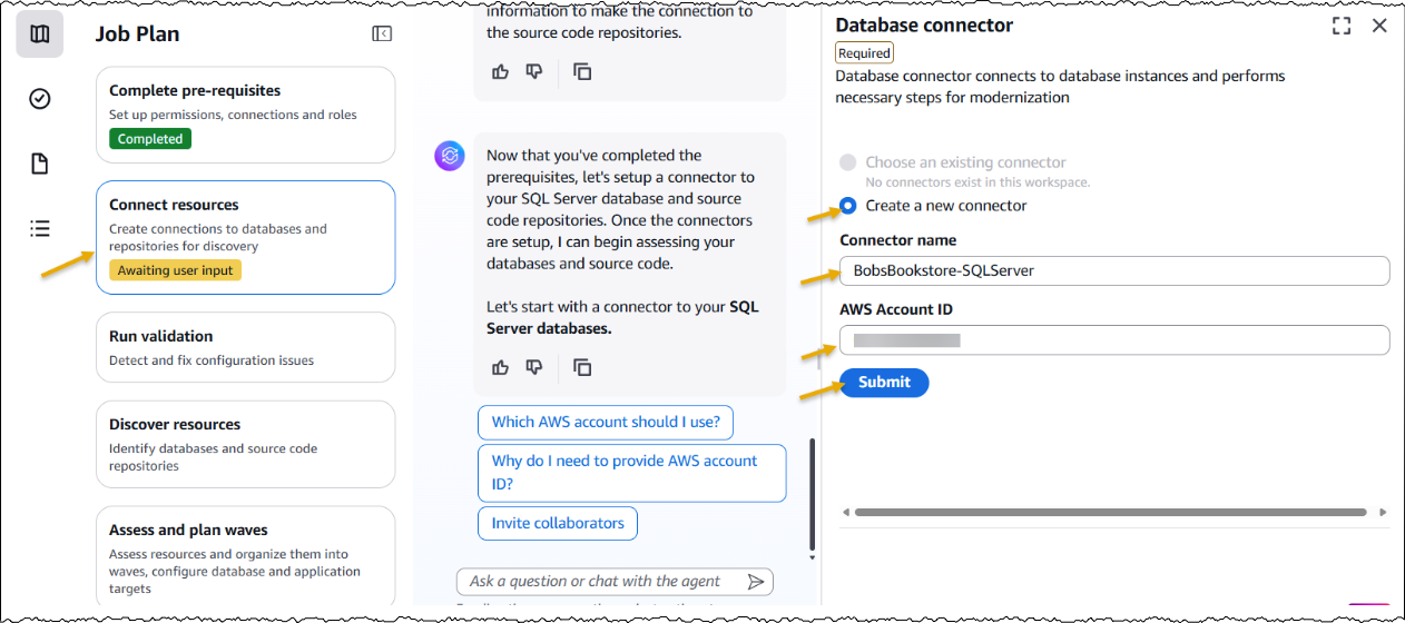 Create new database connector by adding connector name and AWS Account ID