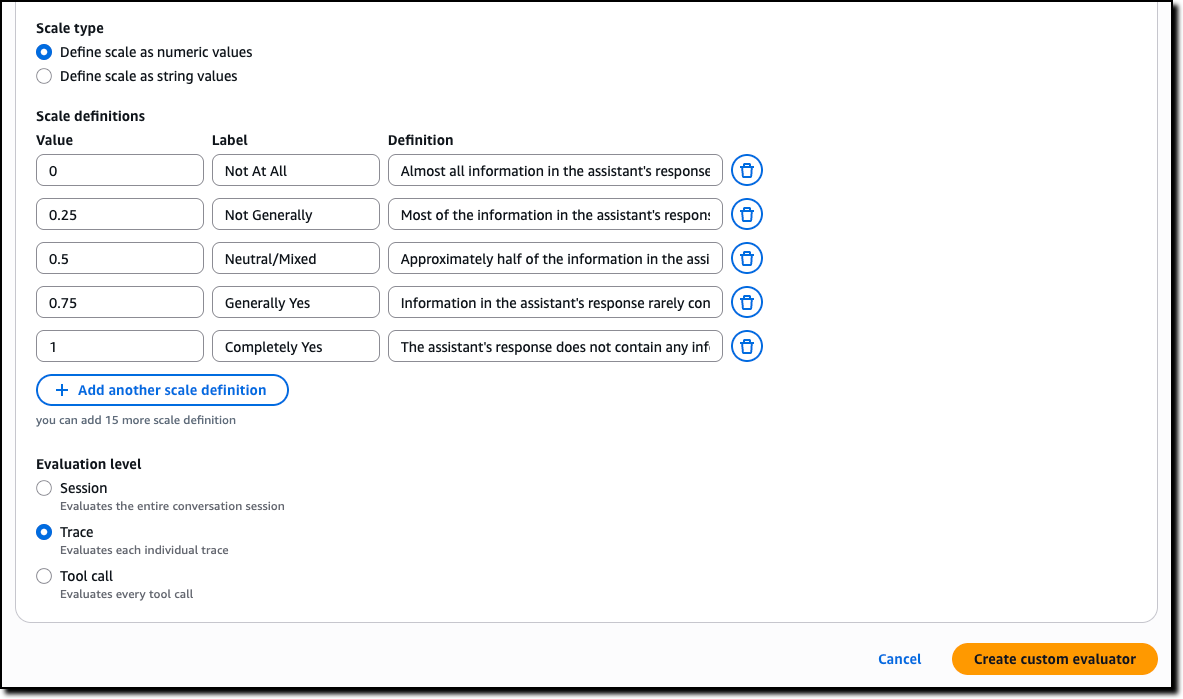 AgentCore Evaluations custom evaluator scale