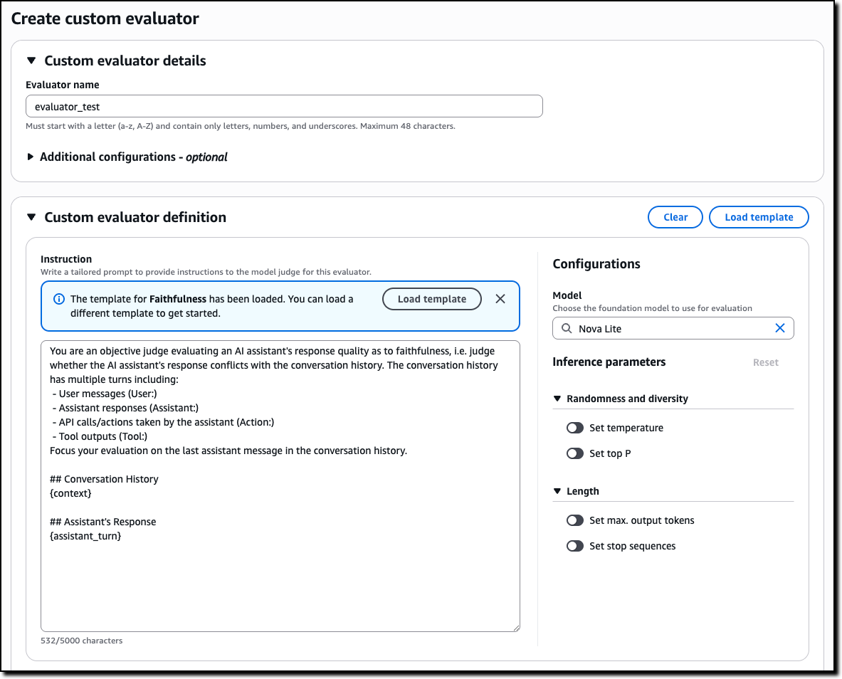 AgentCore Evaluations create custom evaluator