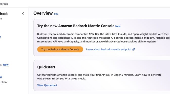 Try the new console experience in Amazon Bedrock, optimized for Anthropic- and OpenAI-compatible APIs