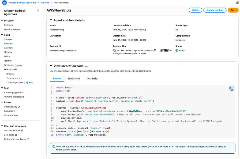 AgentCore Runtime Instances - Show invocation code