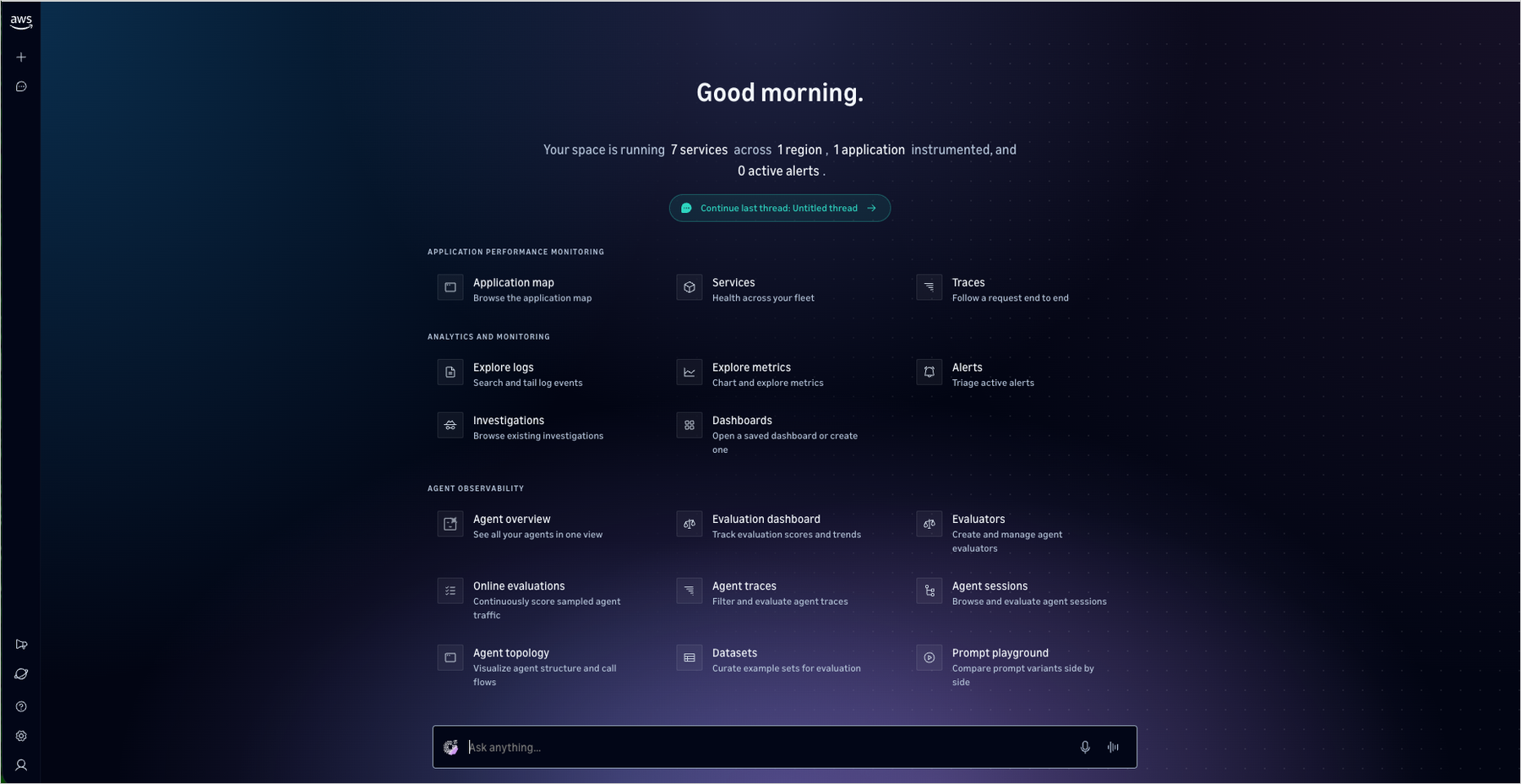 CloudWatch Omni web experience with application monitoring, analytics, and agent observability